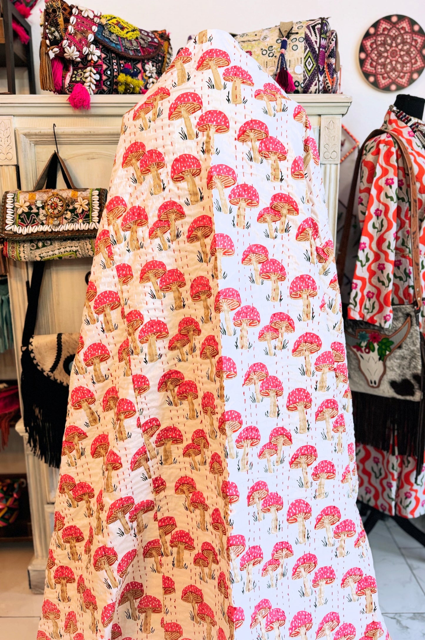 Pink Mushroom Print Kantha Quilt | Cotton Lightweight Blanket | Throw/Twin Size