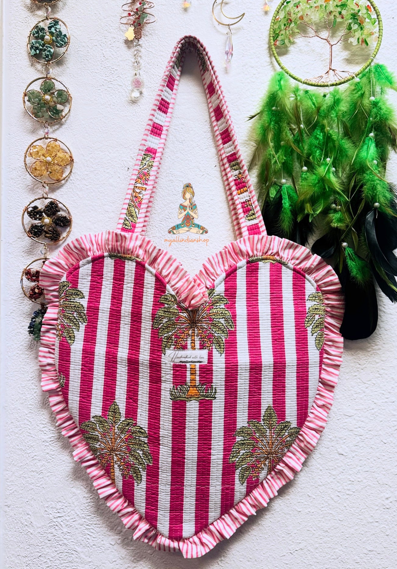 Heart-Shaped Quilted Tote Bag | Hand Block-Printed 100% Cotton | Handmade Zipper Tote