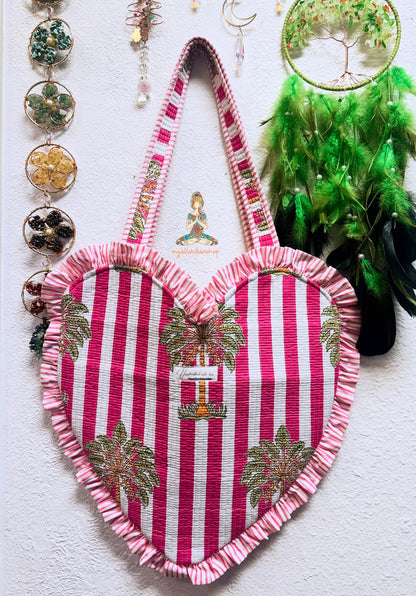 Heart-Shaped Quilted Tote Bag | Hand Block-Printed 100% Cotton | Handmade Zipper Tote
