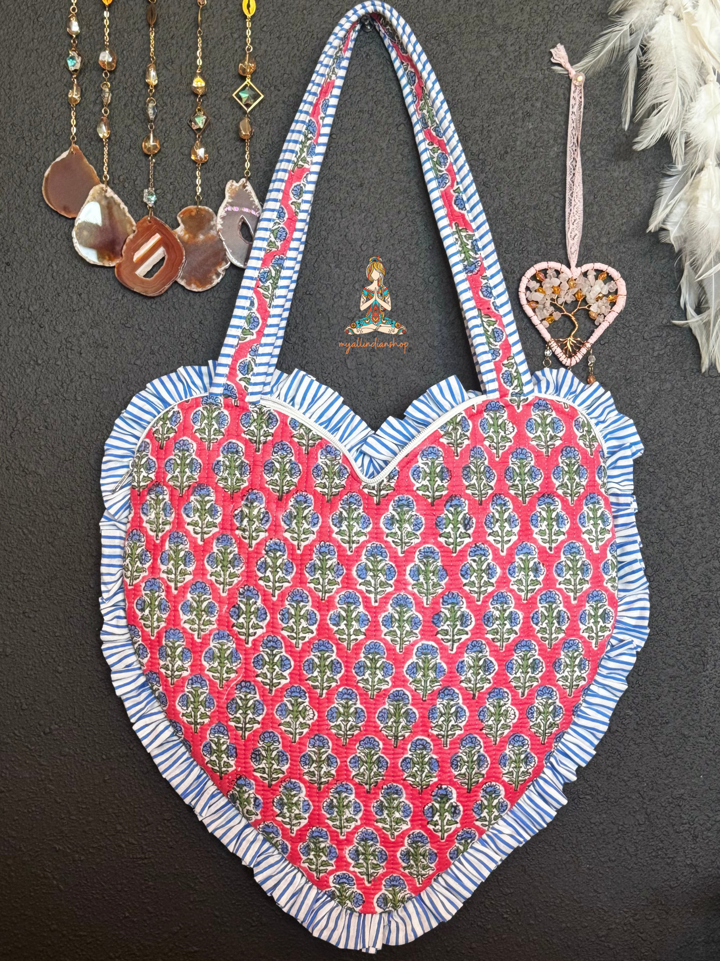 Heart-Shaped Quilted Tote Bag | Hand Block-Printed 100% Cotton | Handmade Zipper Tote