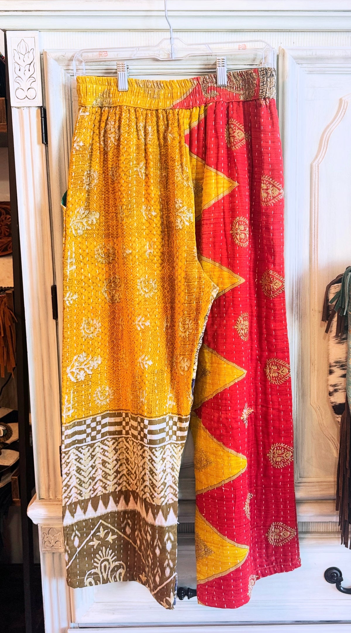 Marigold Sunburst – Handmade Kantha Cotton Pants | Paisley Patchwork Boho Pants | Pockets