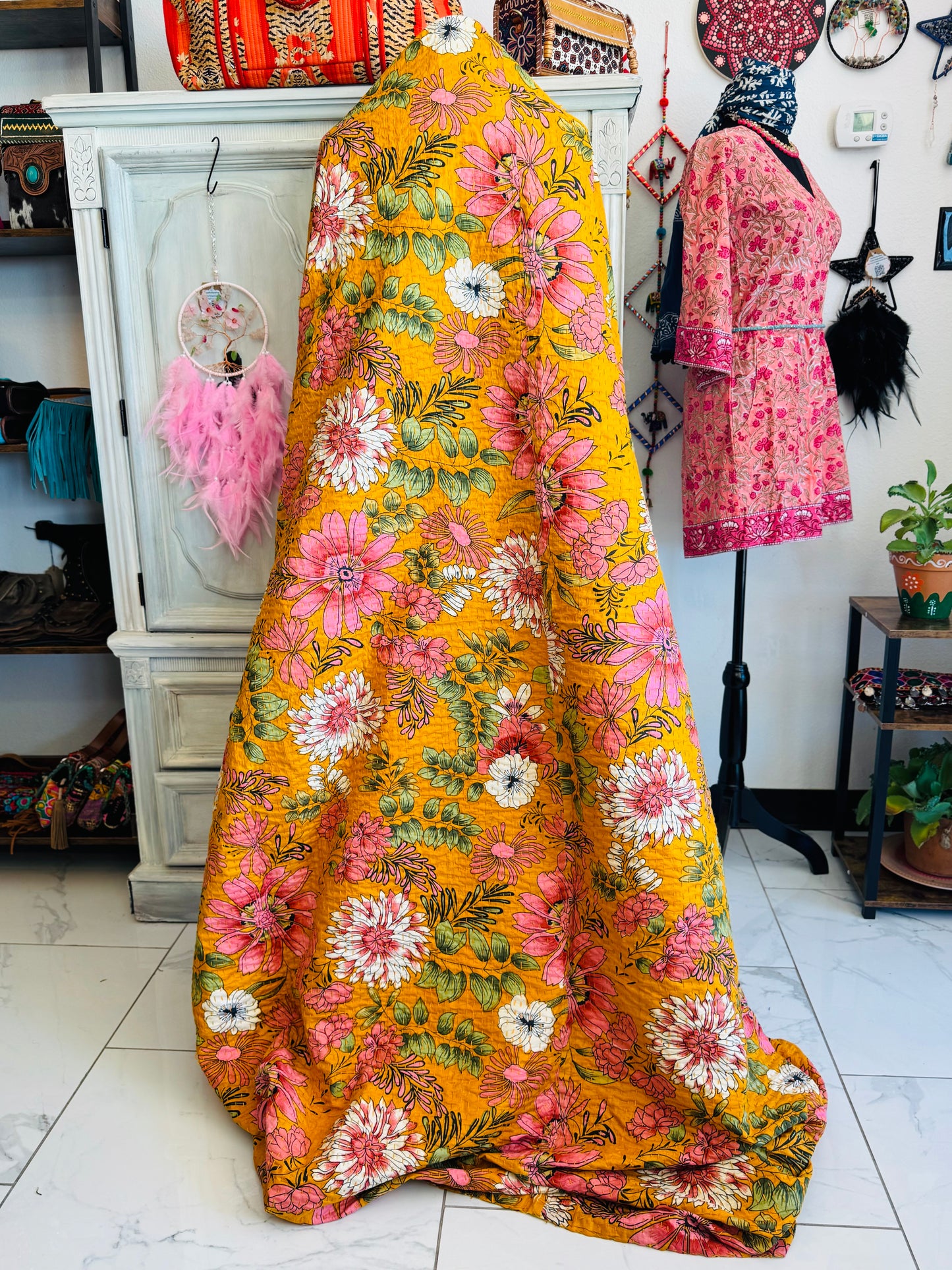 Golden Flora – Handblock Printed Kantha Quilt | Cotton | Handmade | Full Size