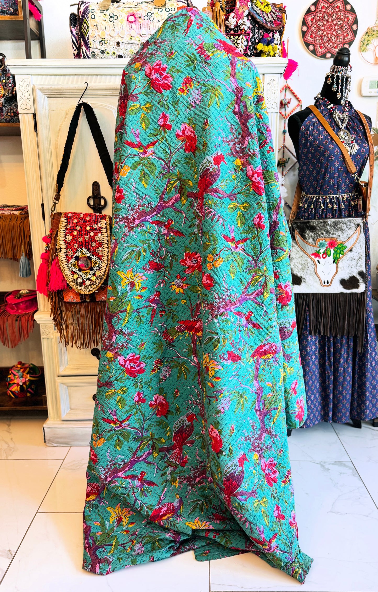 Bird Floral Kantha Quilt | Cotton Lightweight Blanket | Throw/ Twin Size