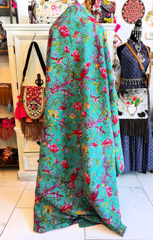 Bird Floral Kantha Quilt | Cotton Lightweight Blanket | Throw/ Twin Size