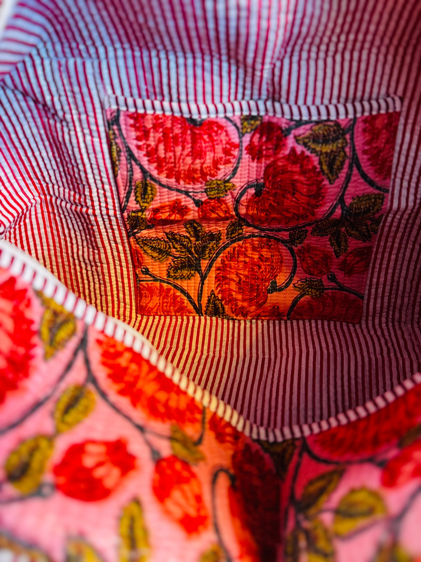 Red Floral Quilted Duffel Bag – Handmade Block Print Weekender Travel Bag