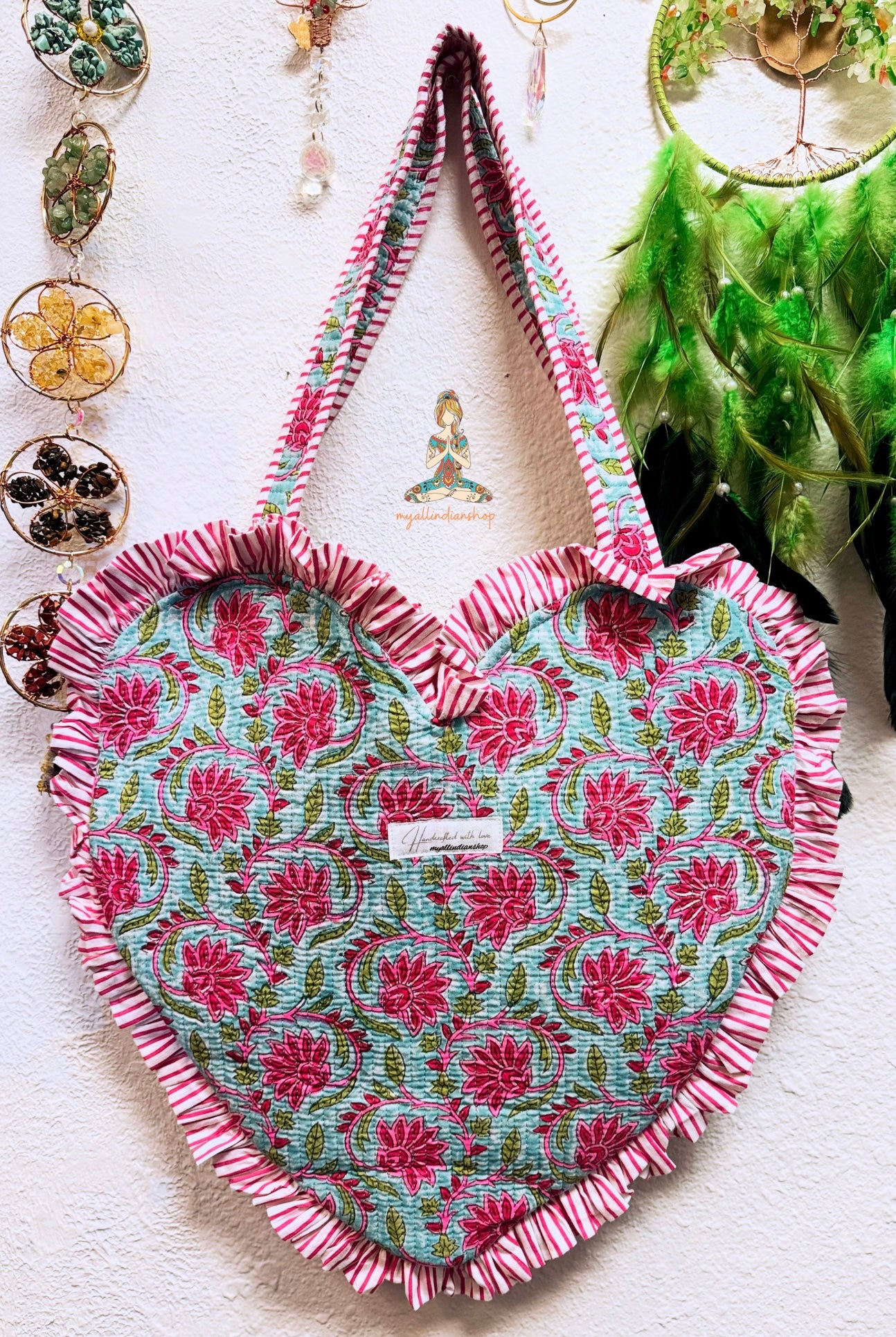 Heart Quilted Tote- Blue - Zipper - Pocket
