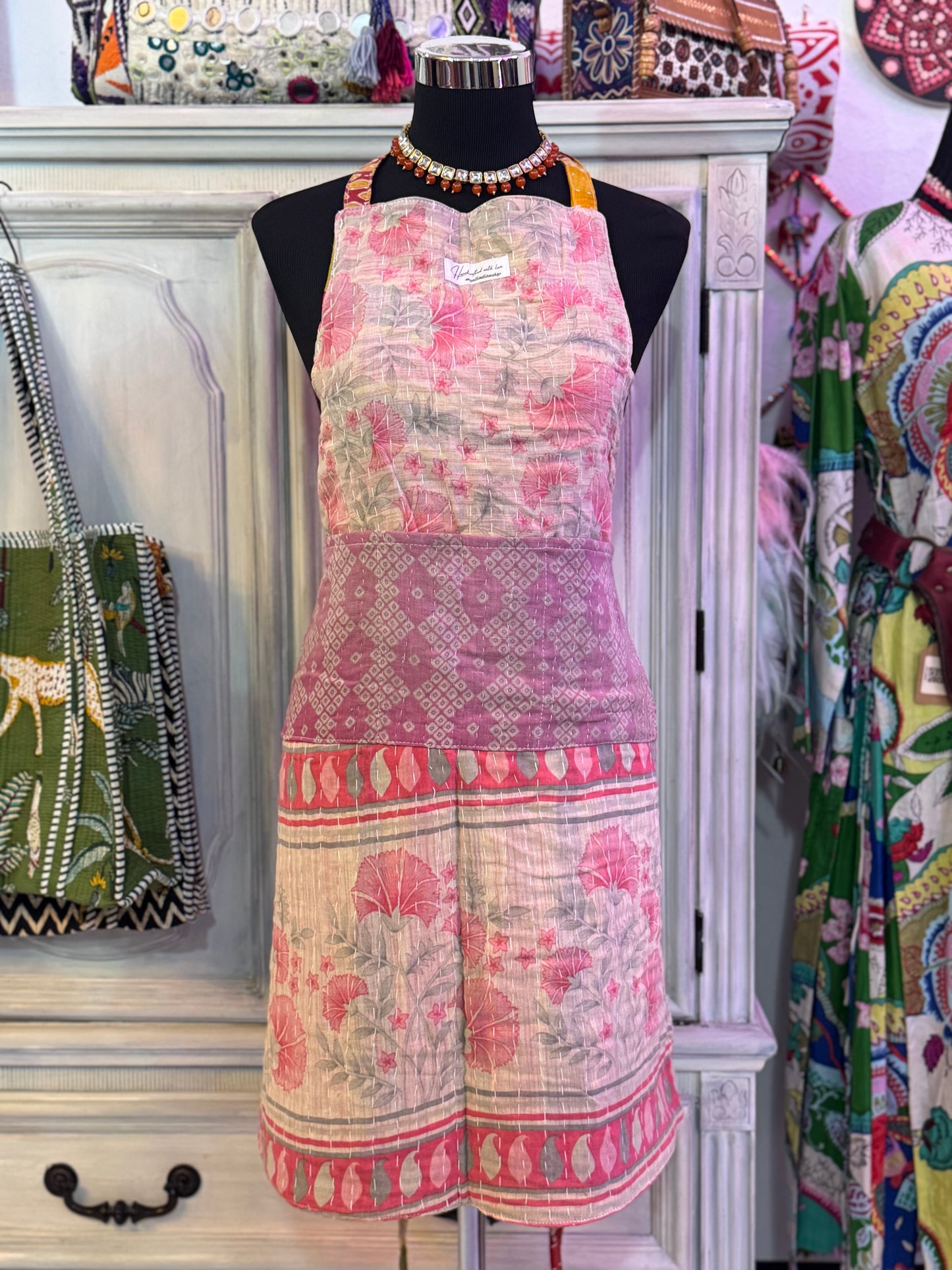 Blushing Garden Cotton Kantha Apron | Handmade | Reversible | 6 Pockets