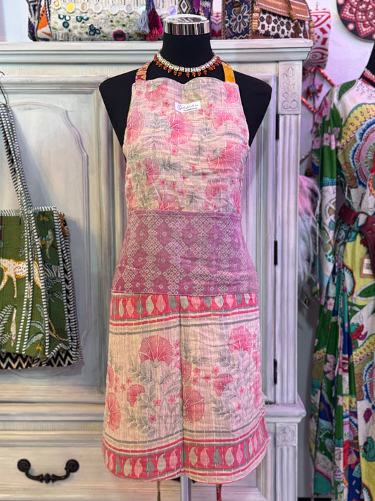 Blushing Garden Cotton Kantha Apron | Handmade | Reversible | 6 Pockets