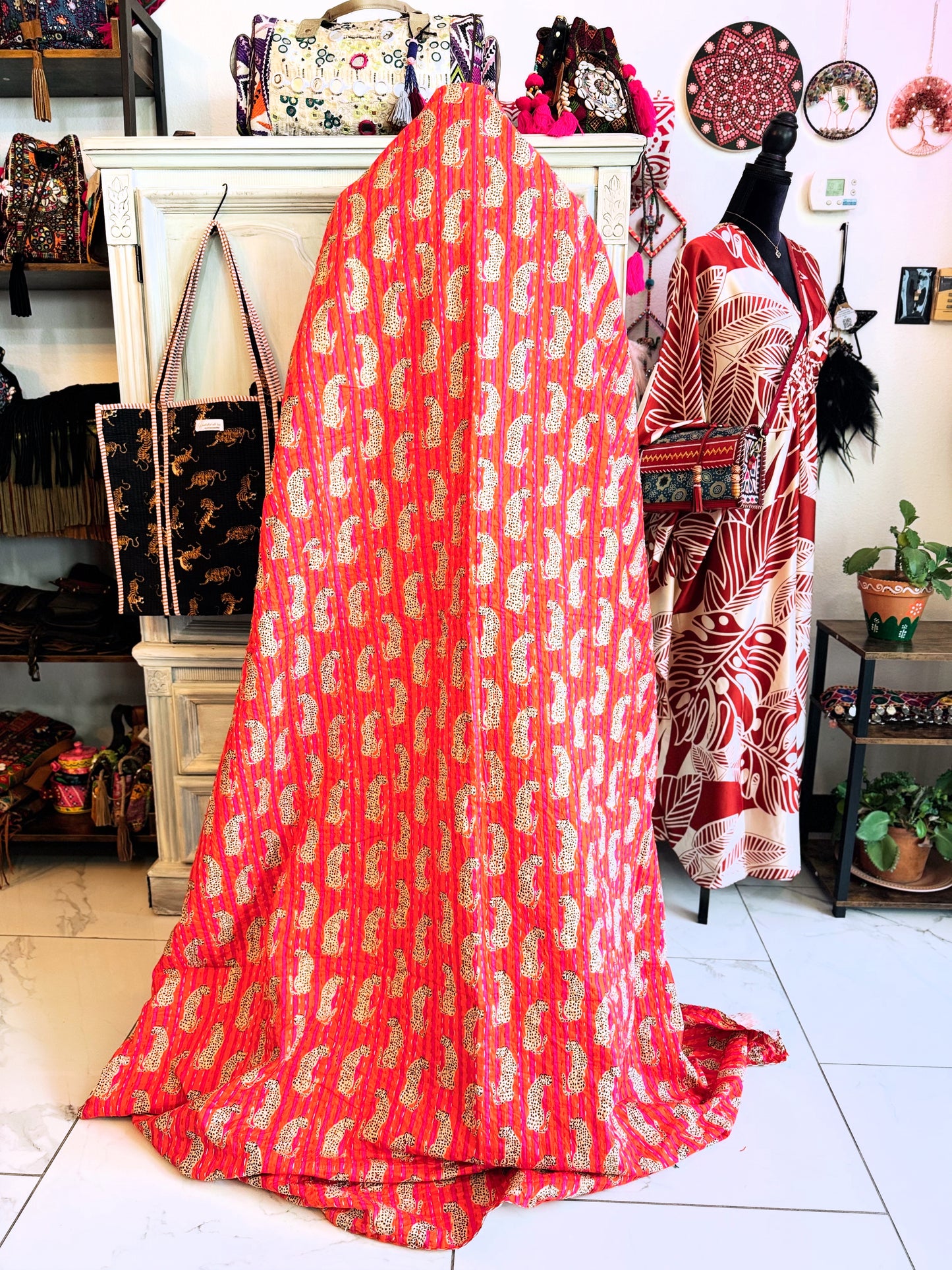 Sunset Chase – Orange Cheetah Handblock Printed Kantha Quilt | 100% Cotton | Handmade