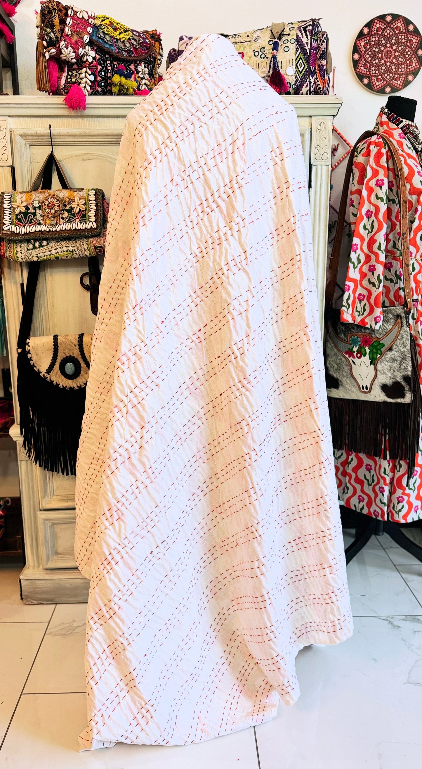 Pink Mushroom Print Kantha Quilt | Cotton Lightweight Blanket | Throw/Twin Size
