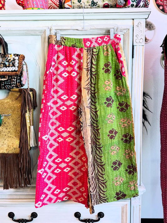 Pink & Olive Bloom – Handmade Kantha Cotton Pants | Wide Leg Boho Trousers