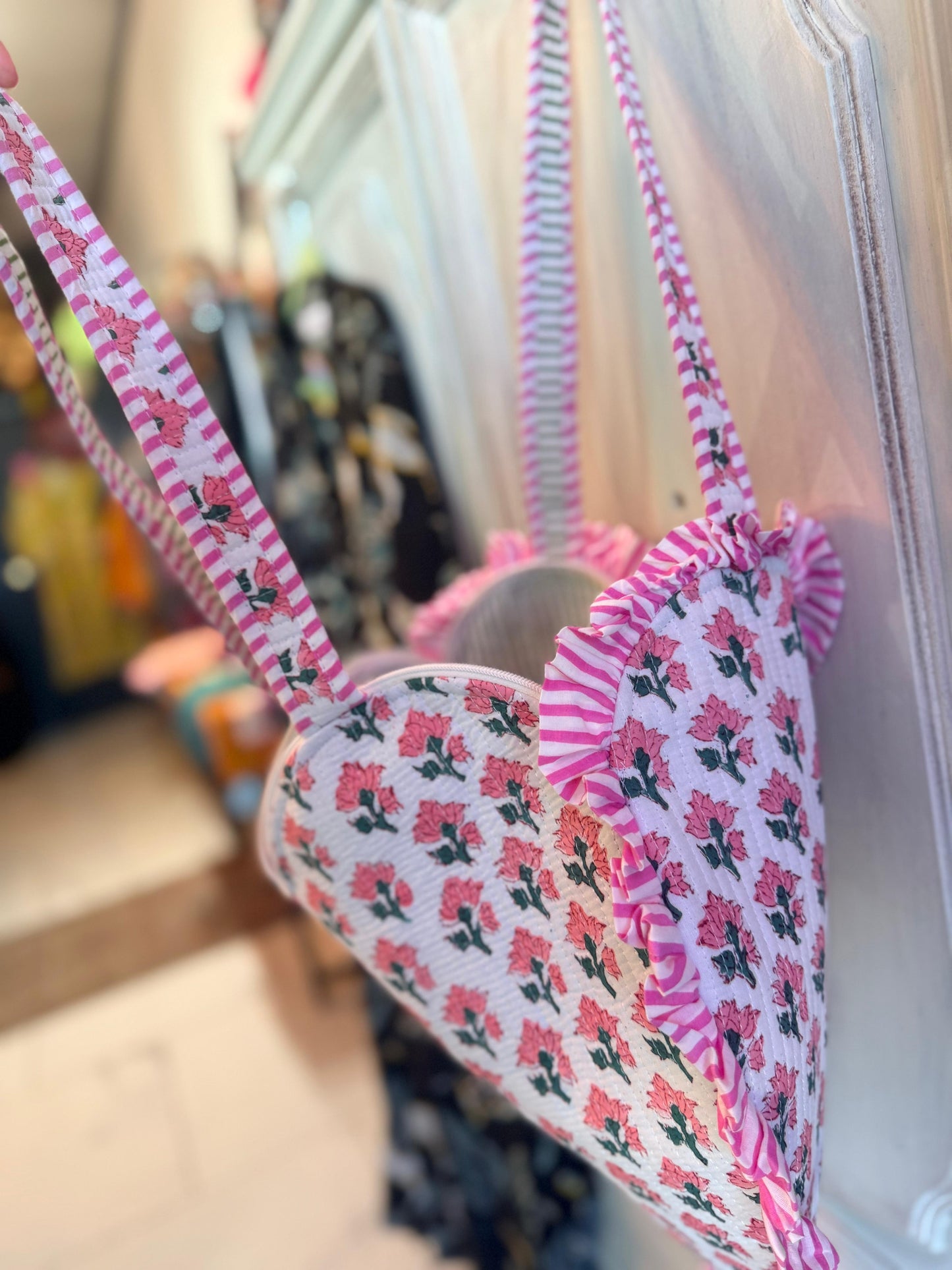 Rosebud Whimsy Heart Tote – Handmade Quilted Cotton Bag with Zipper & Frill Detail | Romantic Gift