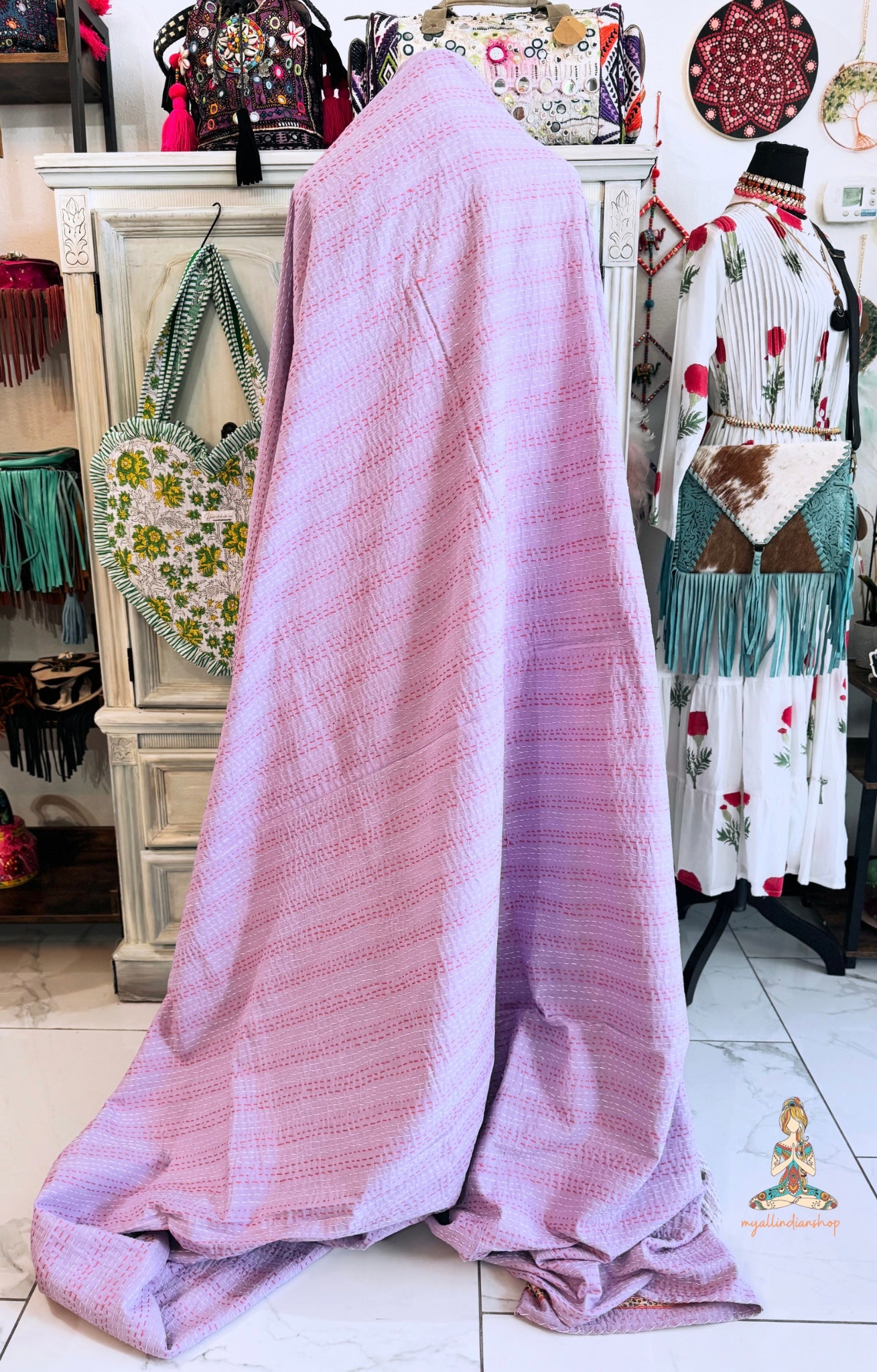Lavender Wildflower | Hand Block Printed Kantha Quilt | 100% Cotton | Handmade | 90x110” Queen/King