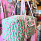 Handmade Quilted Weekender Bag – Pink Floral Block Print – Green