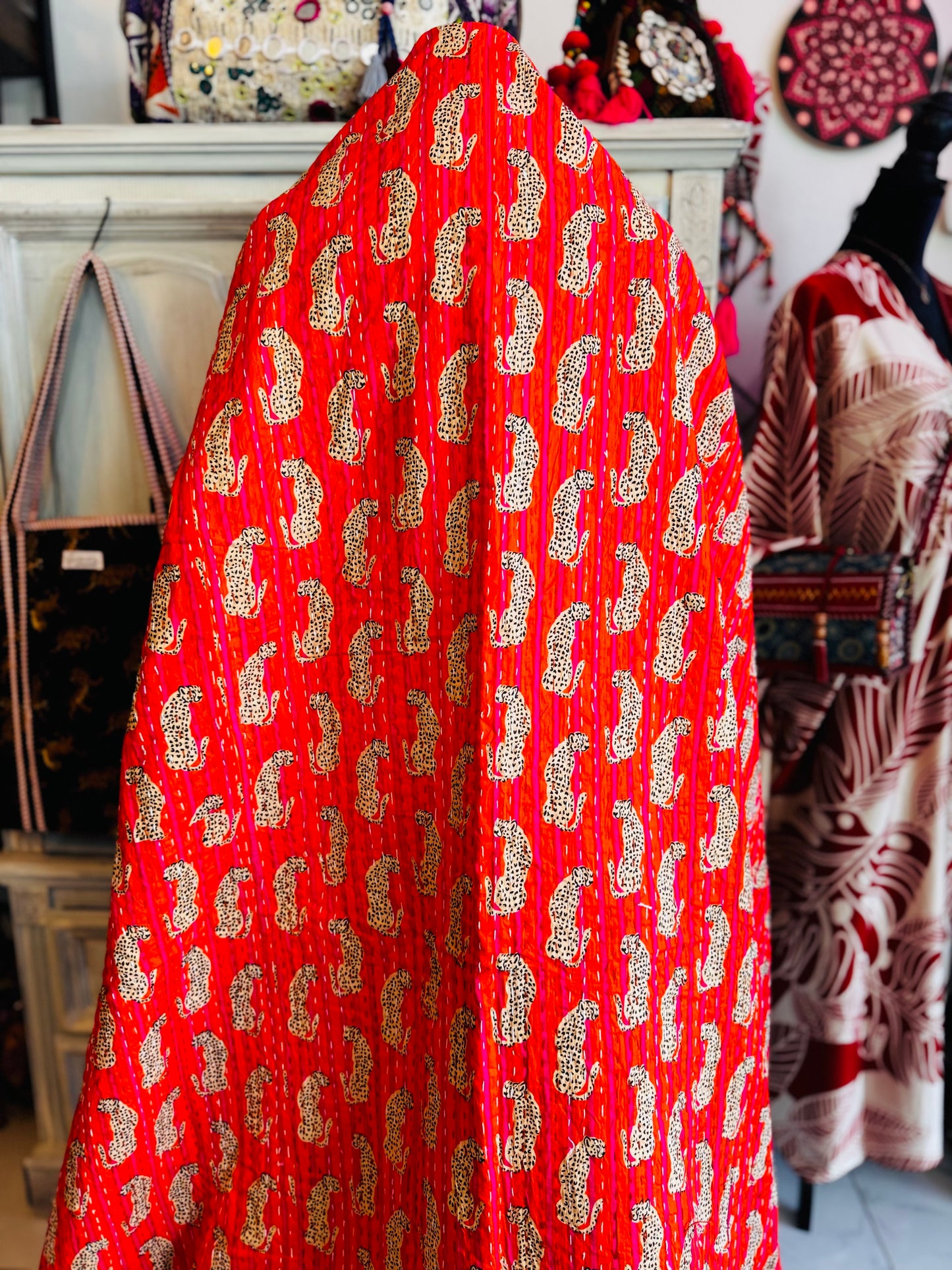 Sunset Chase – Orange Cheetah Handblock Printed Kantha Quilt | 100% Cotton | Handmade