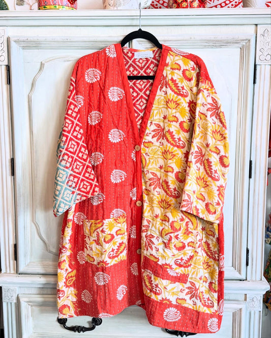 Two patterned jacket called kantha Kimono made of 100% cotton sarees with 2 pockets 