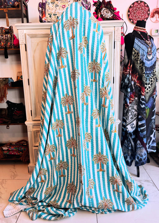 Turquoise Palm Tree Kantha Quilt – Handmade Block Print Cotton Bedspread with White Kantha Stitch Back (90x110)
