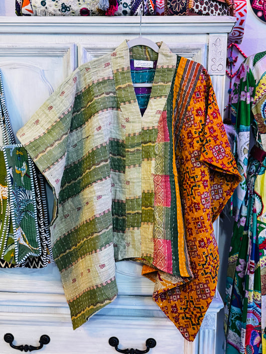 Handmade Kantha Poncho – Earthbound Mosaic | Unisex | 100% Cotton Boho Top