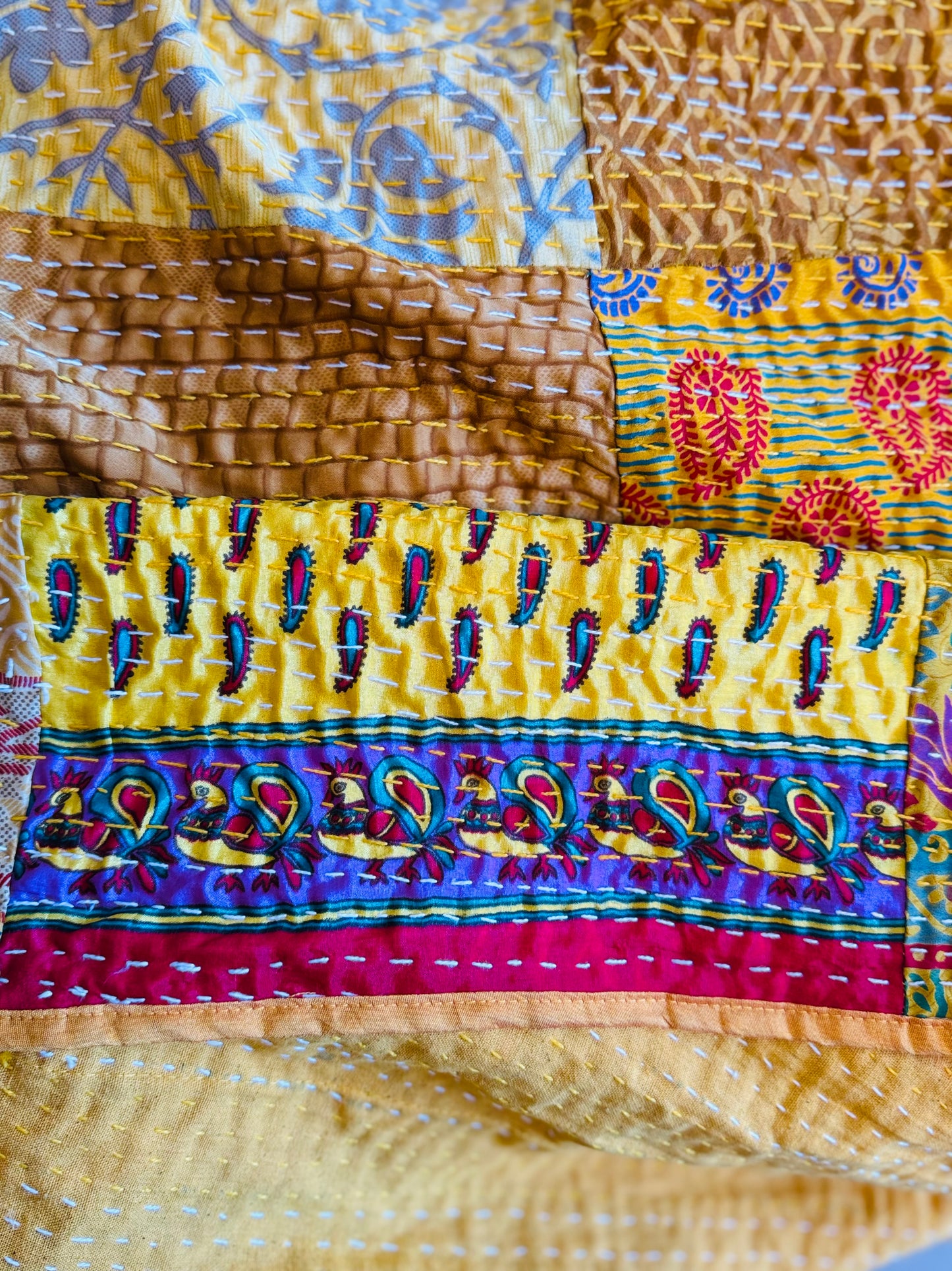 Silk Patchwork Kantha - Yellow- Queen/ King