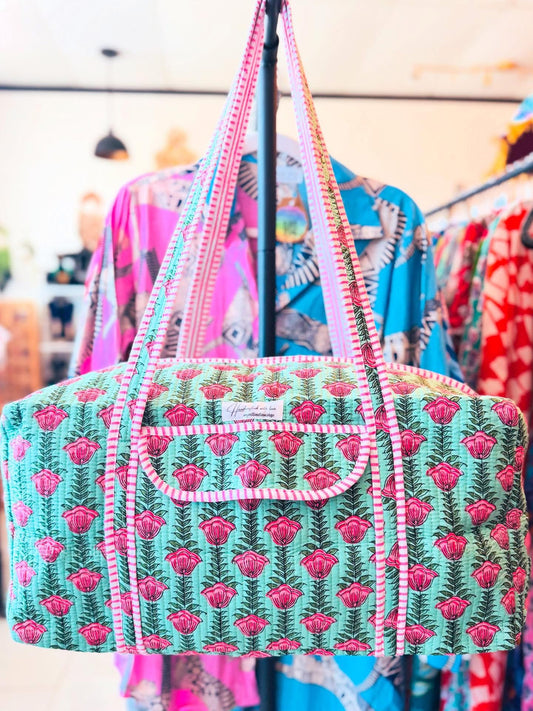 Handmade Quilted Weekender Bag – Pink Floral Block Print – Green