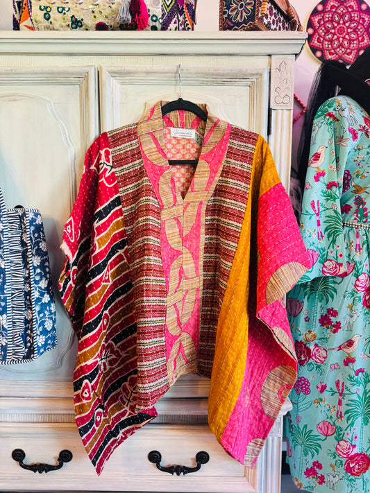 Handmade Kantha Poncho – Wild Rose Mosaic | Unisex | 100% Cotton Boho Top