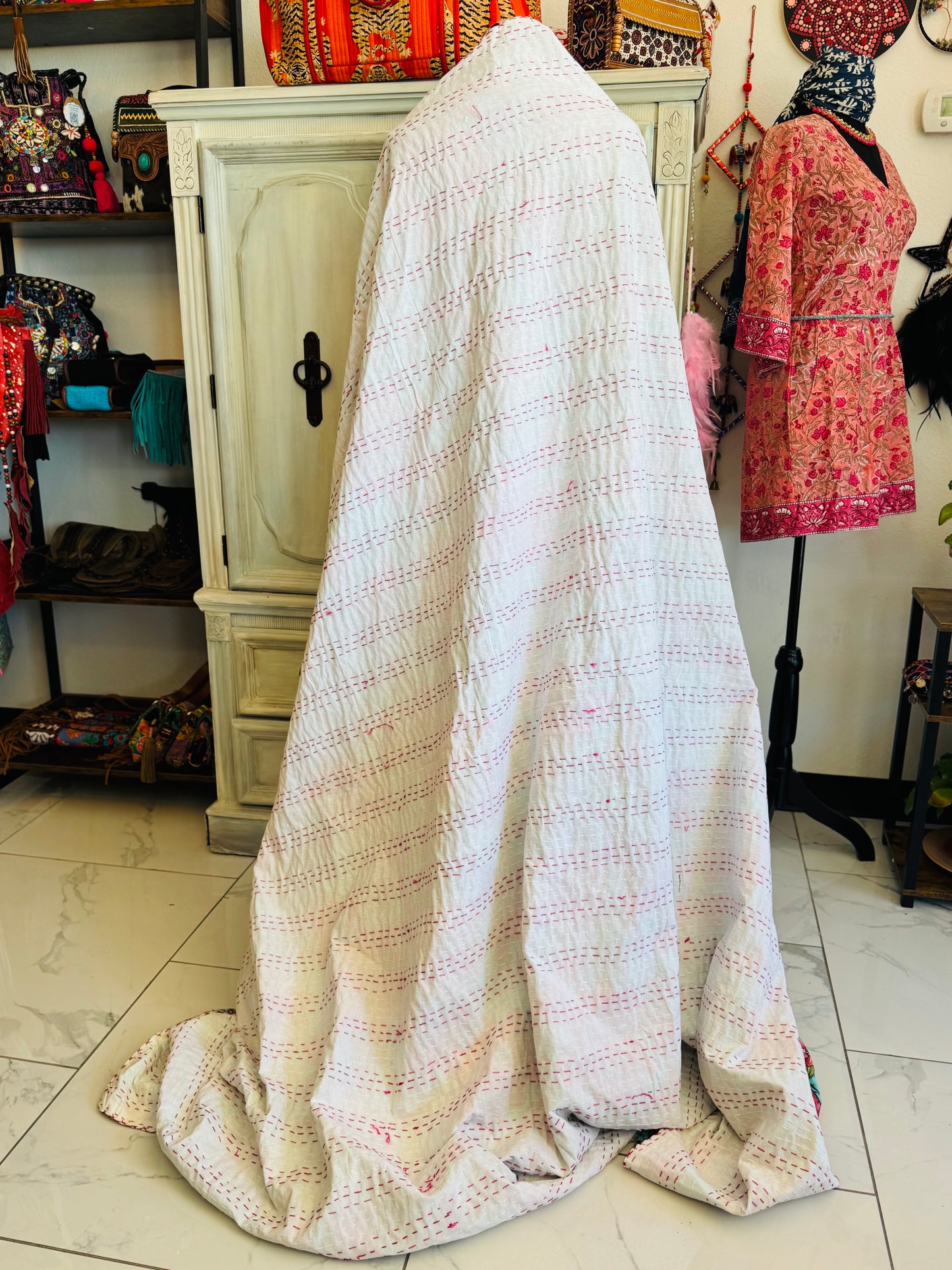 Aqua Meadow – Handblock Printed Kantha Quilt | Cotton | Handmade | Full Size