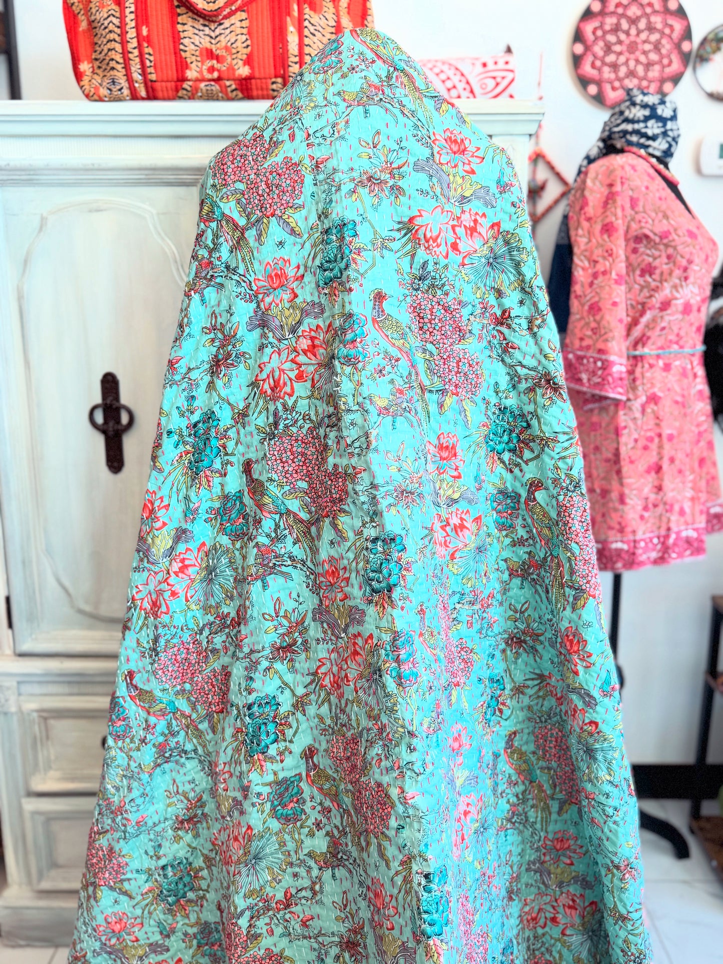 Peacock Garden – Handblock Printed Kantha Quilt | Cotton | Handmade | Full Size