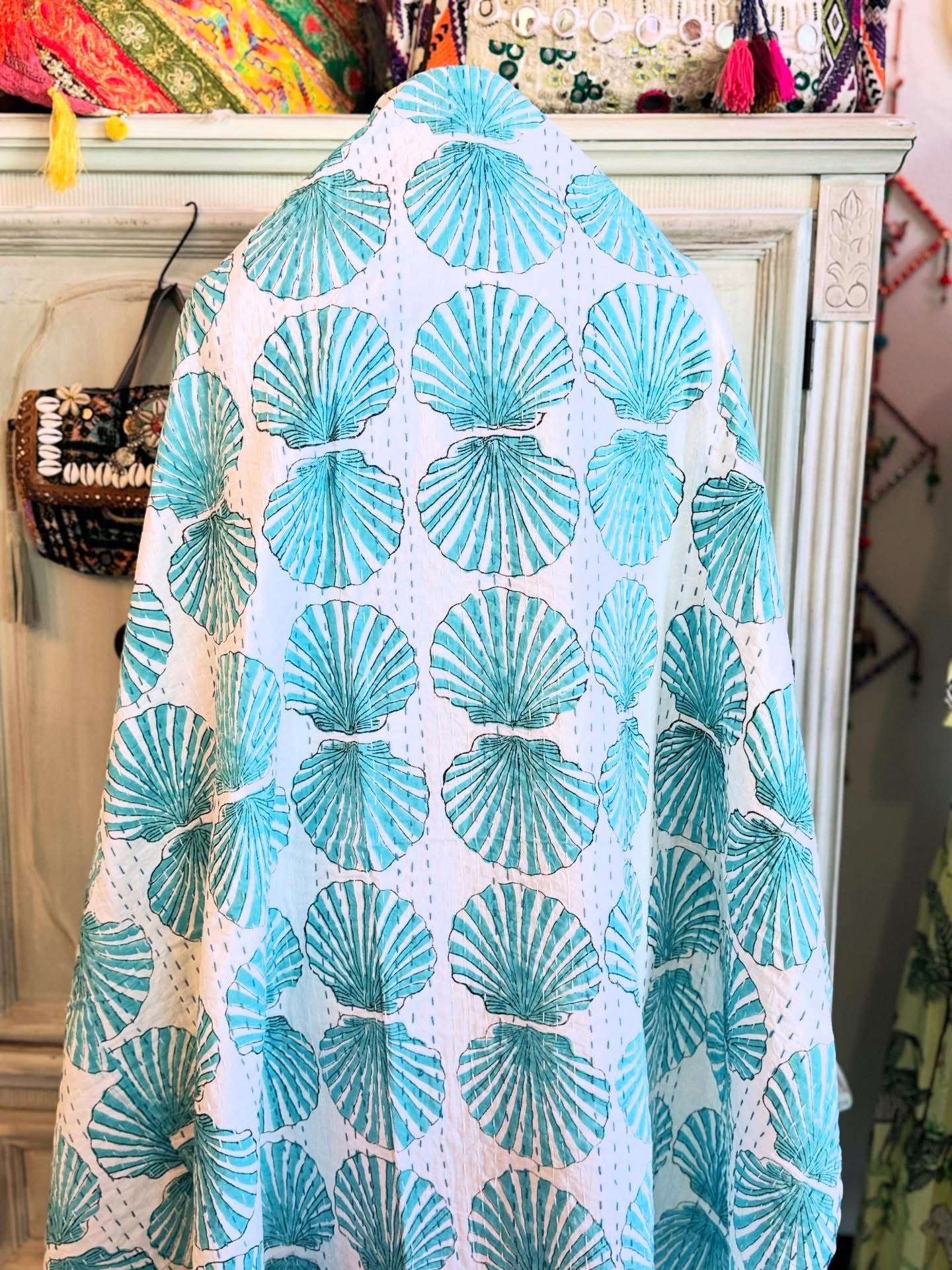 Kantha Cotton Quilt – Blue Shells & Solid White | Handmade Toddler Blanket