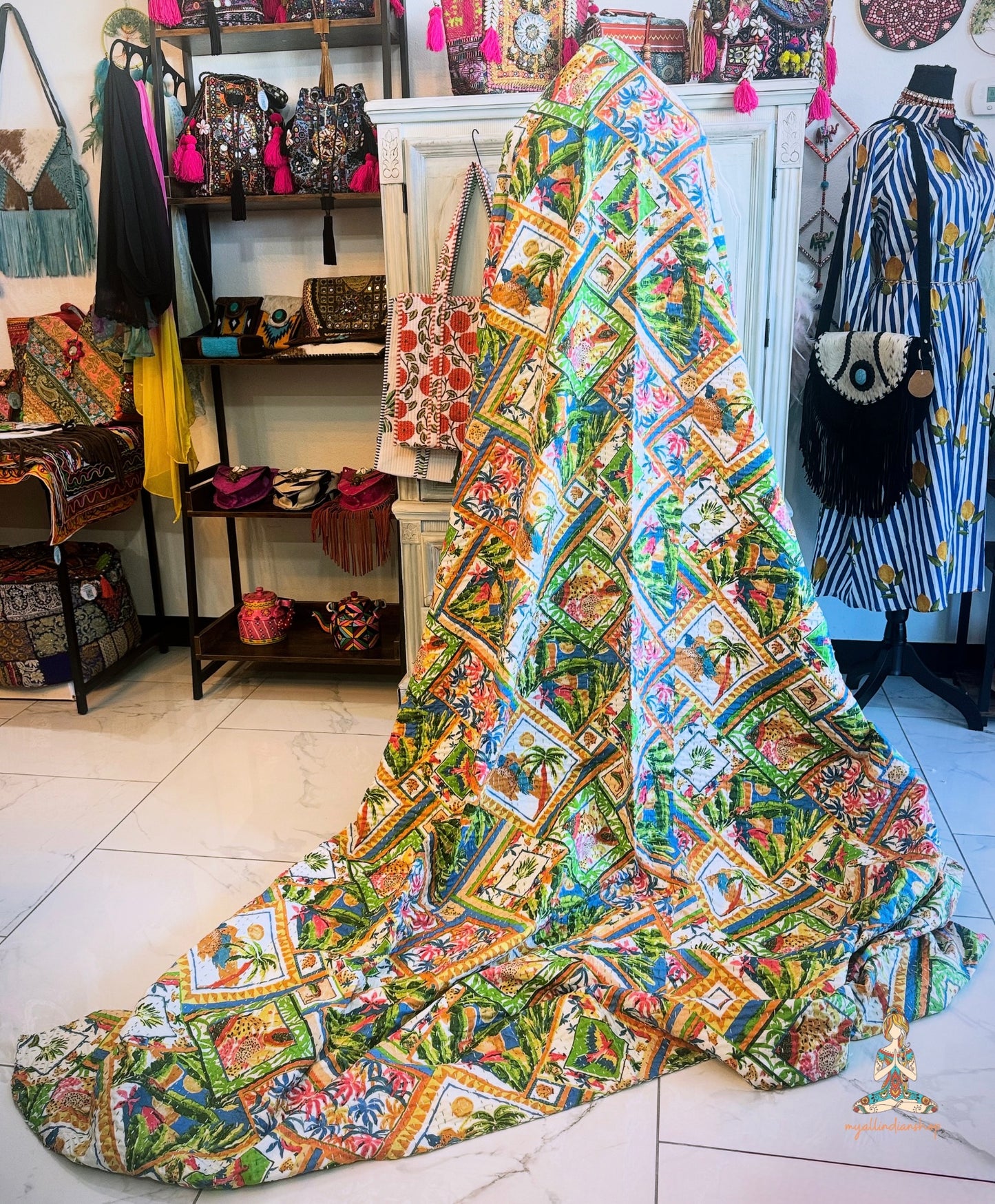 Wild Tropics | Patchwork Print Kantha Quilt | 100% Cotton | Handmade | 90x110” Queen/King