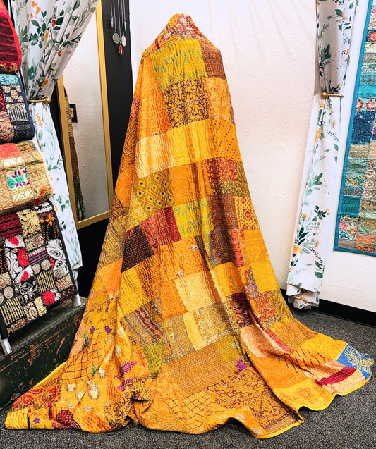 Silk Patchwork Kantha - Yellow- Queen/ King