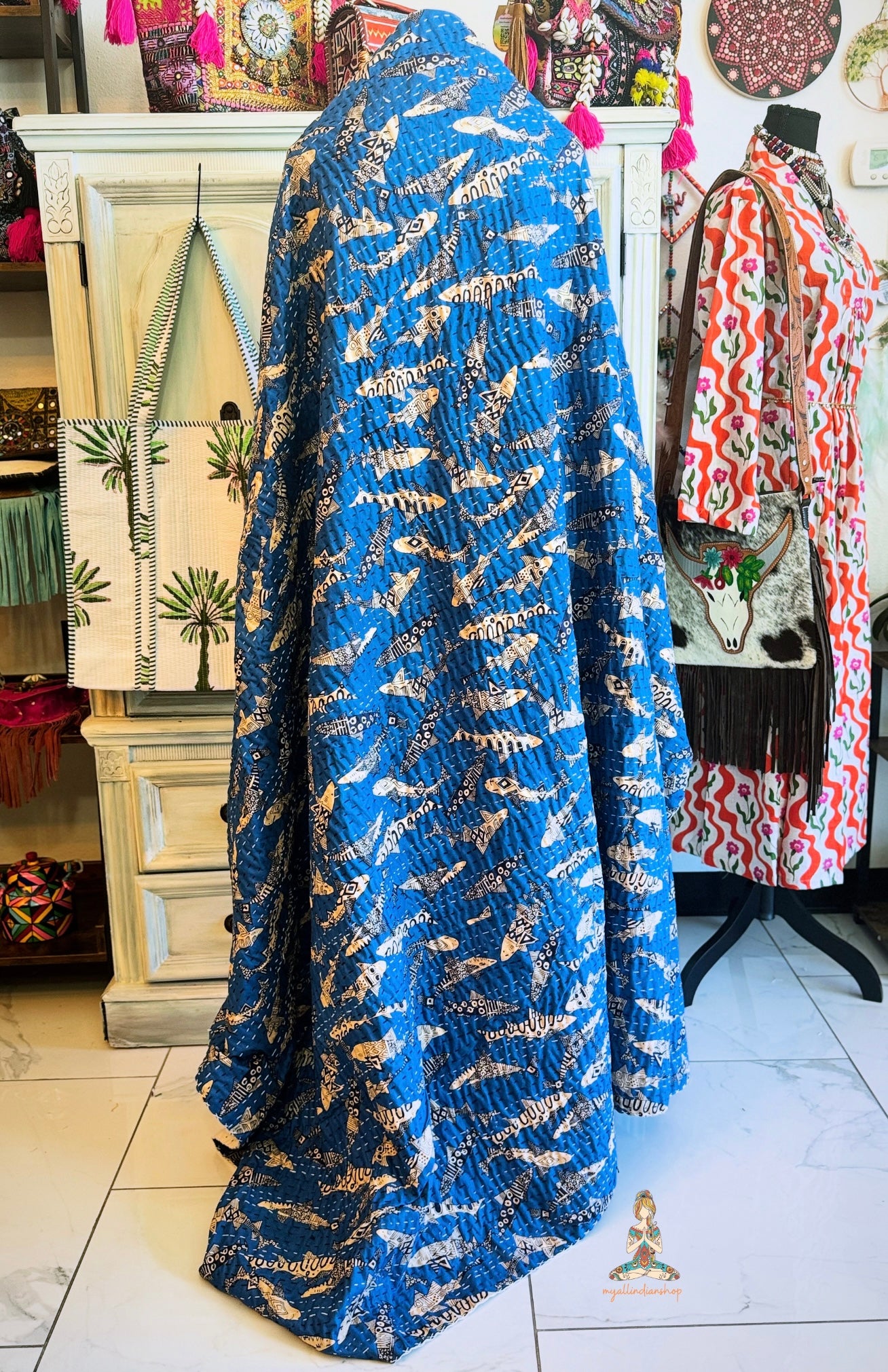 Indigo Shark Print Kantha Quilt | Cotton Lightweight Blanket | Throw/Twin Size