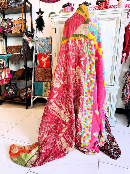 Flag Saree Kantha Quilt – Handmade Queen Size Blanket