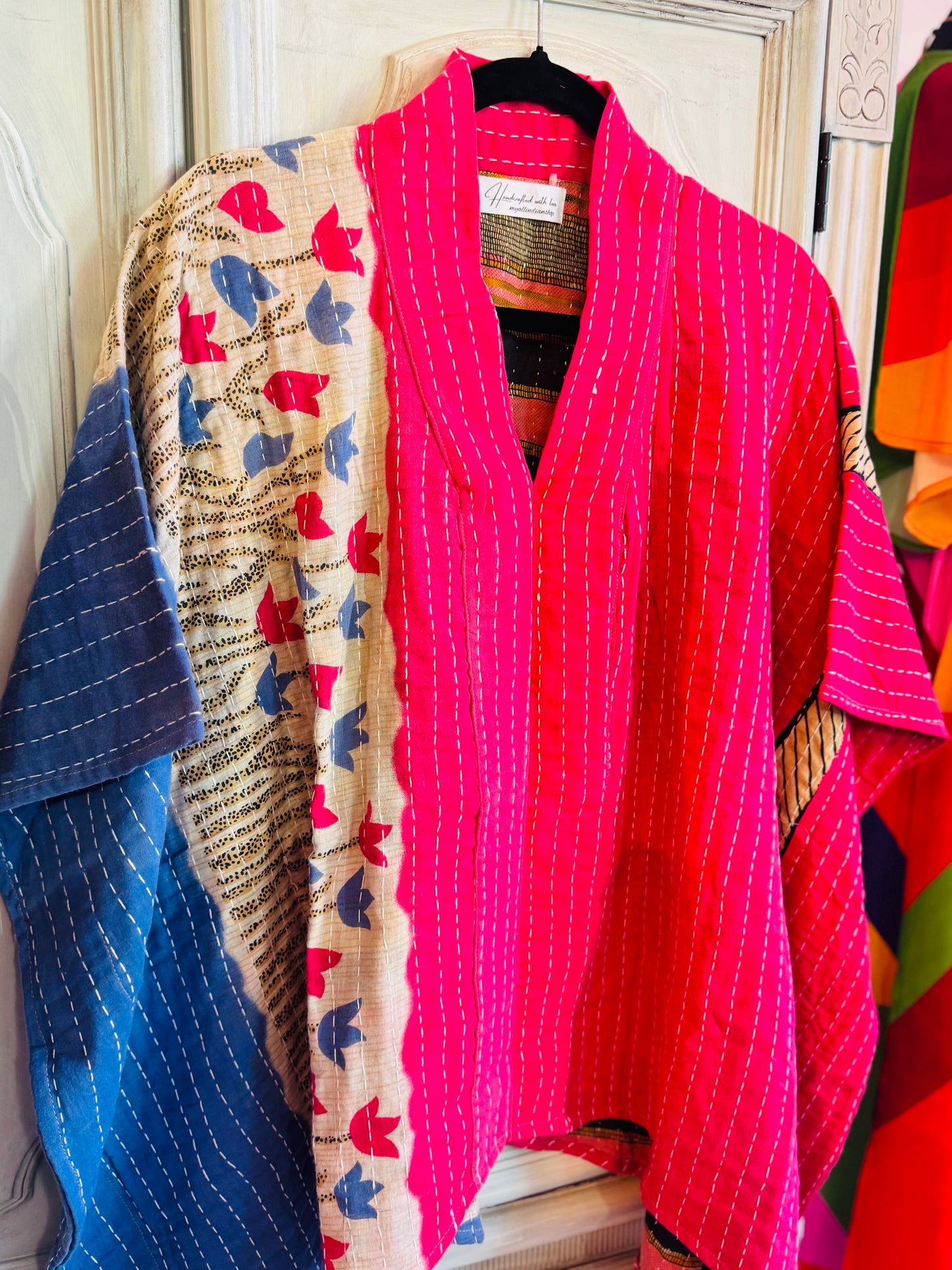 Handmade Kantha Poncho – Crimson Flight | Unisex | 100% Cotton Boho Top