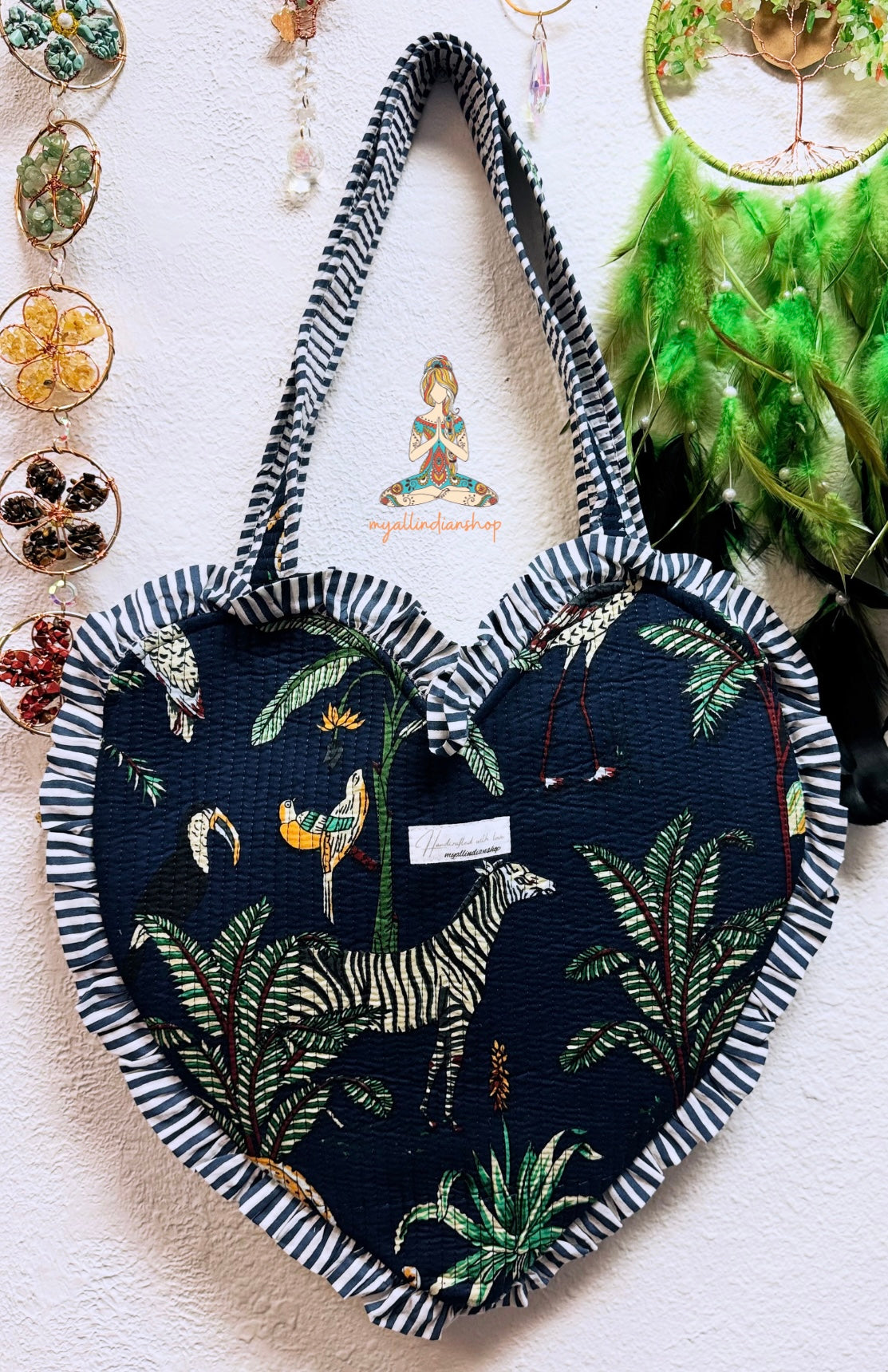 Heart Quilted Tote- Jungle Print- Navy Blue - Zipper - Pocket