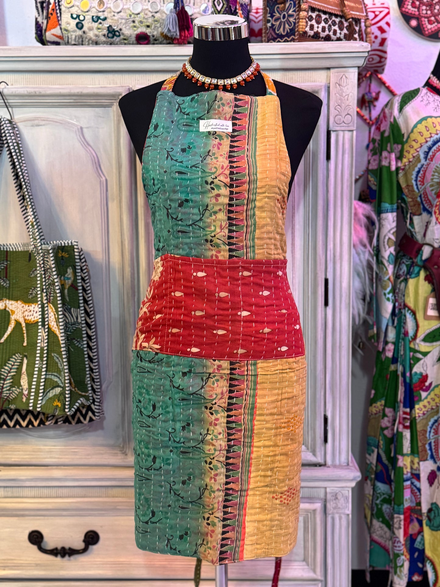 Meadow Spice Cotton Kantha Apron | Handmade | Reversible | 6 Pockets