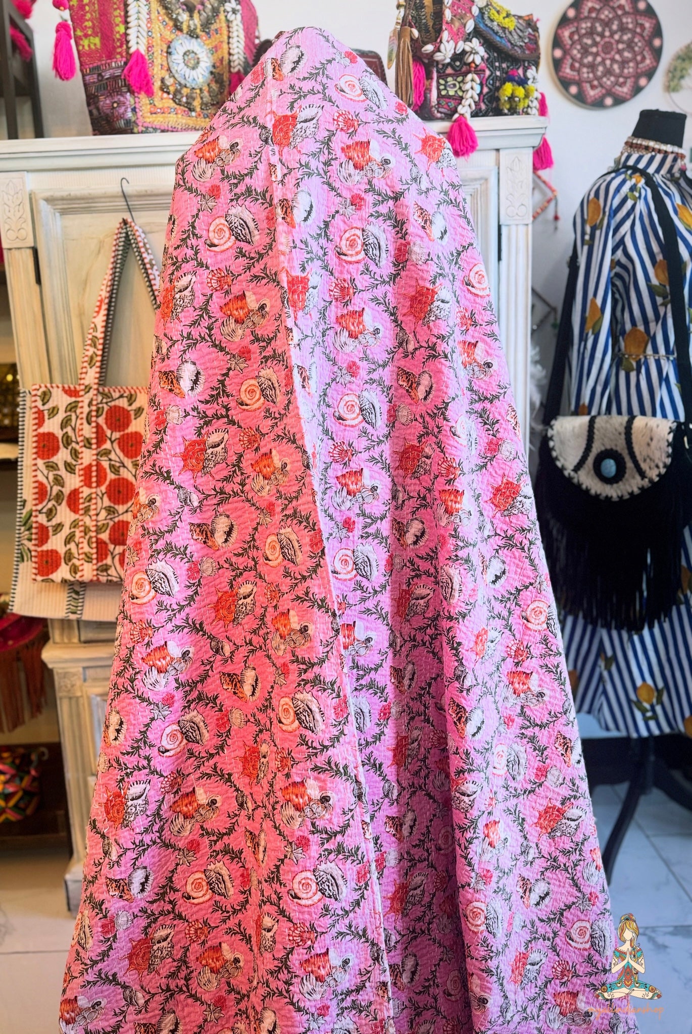 Pink Seashells | Hand Block Printed Kantha Quilt | 100% Cotton | Handmade | 84x104”