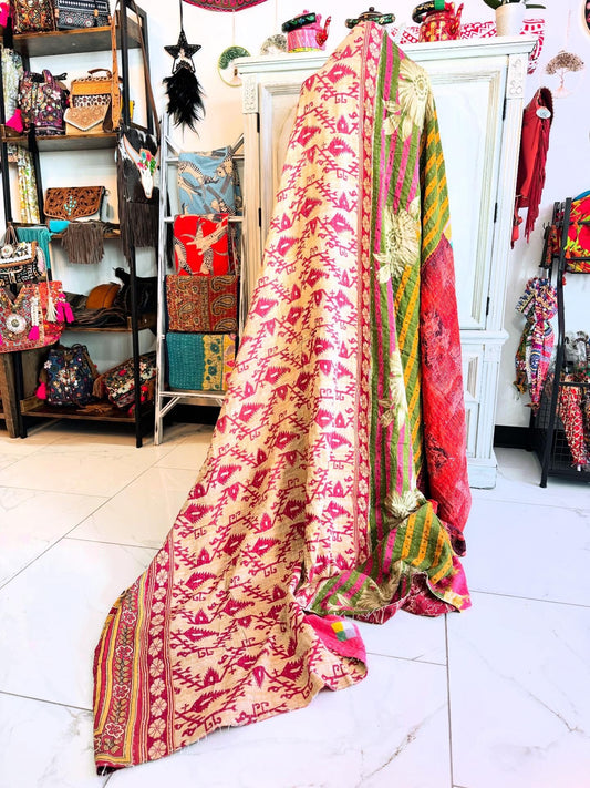 Flag Saree Kantha Quilt – Handmade Queen Size Blanket