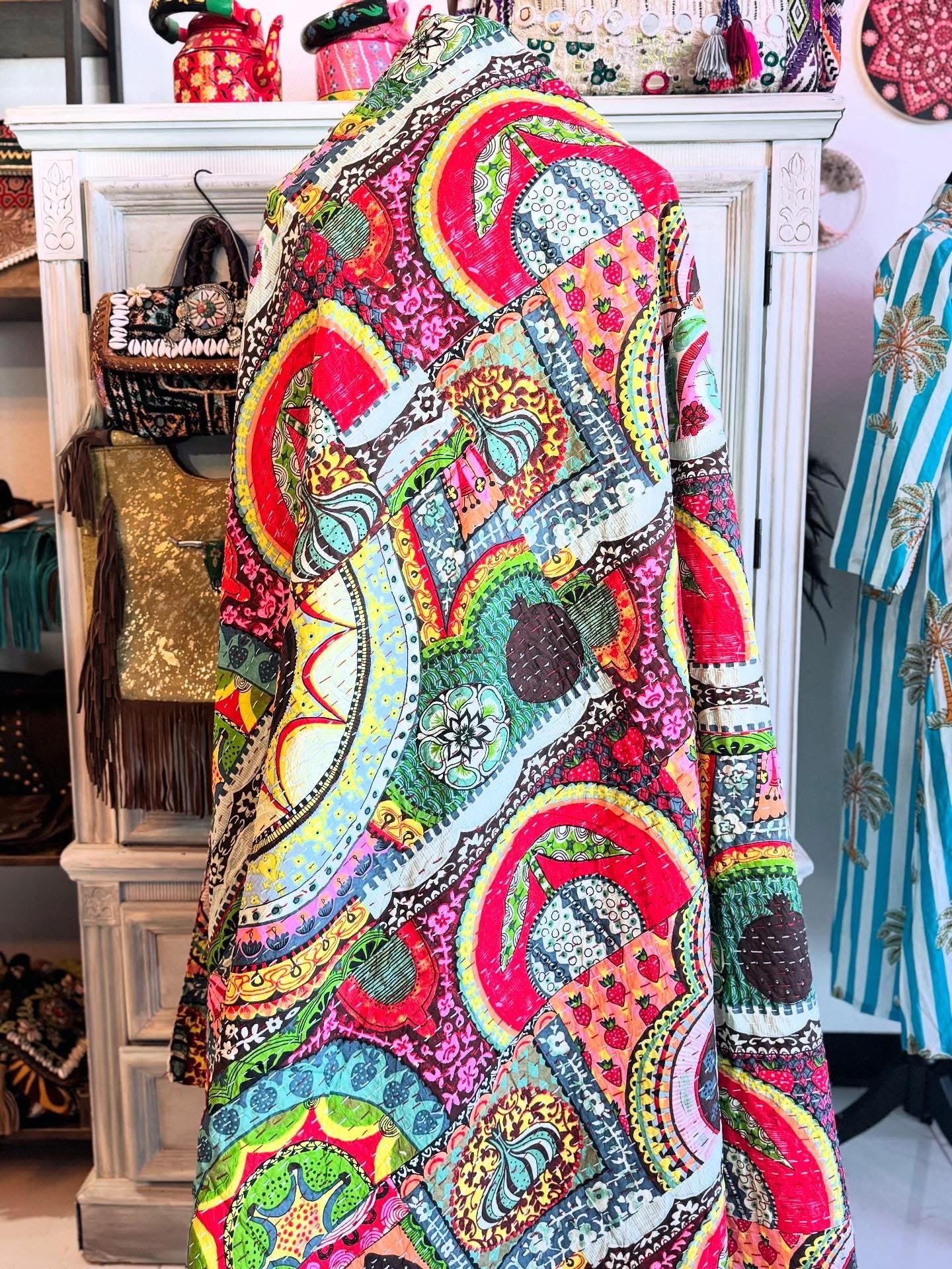 Mini Boho Mosaic – Handblock Printed Kantha Quilt | Cotton | Handmade