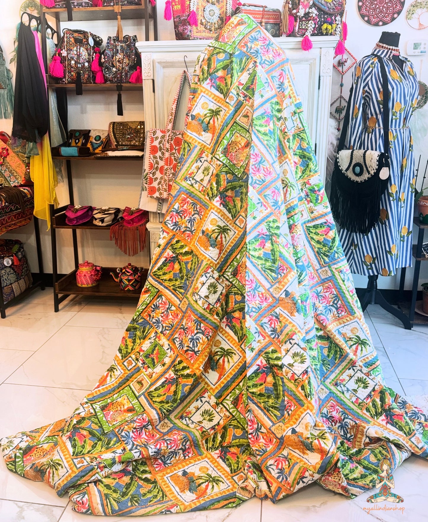 Wild Tropics | Patchwork Print Kantha Quilt | 100% Cotton | Handmade | 90x110” Queen/King