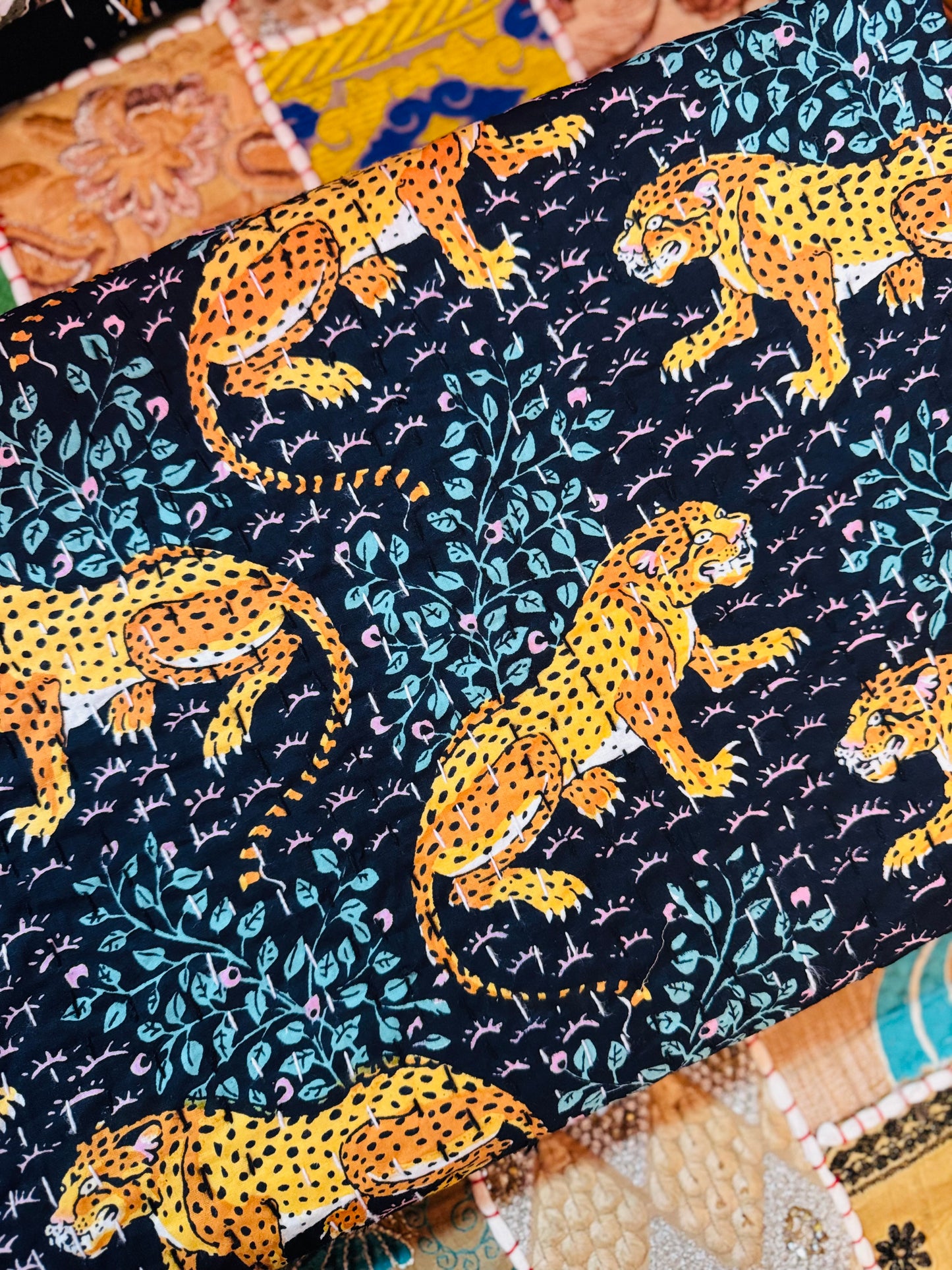 Wild Savannah – Black Leopard Handblock Printed Kantha Quilt | 100% Cotton | Handmade
