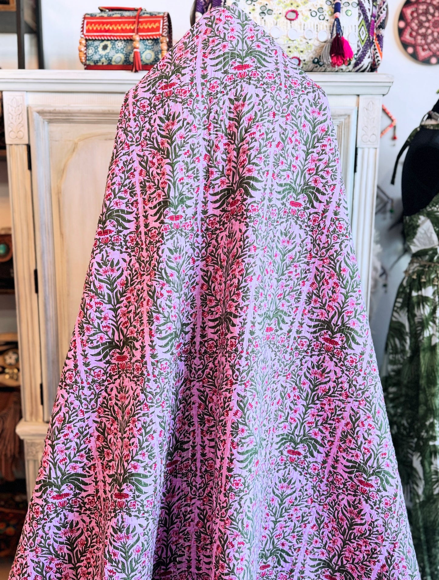 Blush Garden Kantha Quilt – Handmade 100% Cotton Floral Bedspread | Handblock Print Blanket (90x110)