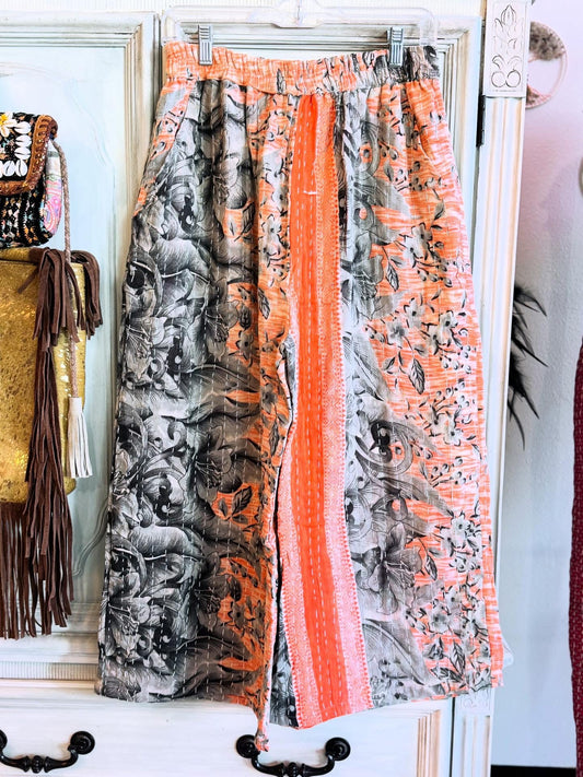 Charcoal Bloom – Handmade Kantha Cotton Pants | Wide Leg Boho Trousers