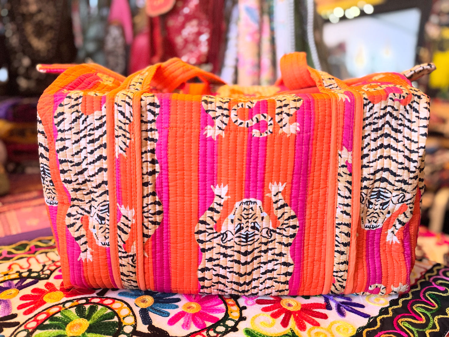 Safari Stripe Weekender – Handmade Quilted Cotton Duffle | Tiger Print Travel Bag