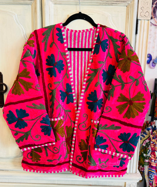 Velvet Embroidered Jacket - Hot Pink