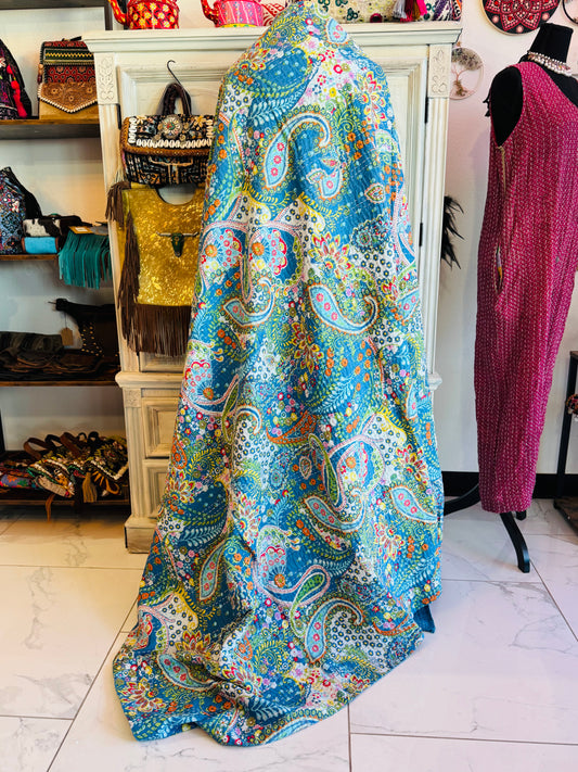 Paisley Garden – Blue – Handblock Printed Kantha Quilt | Cotton | Handmade