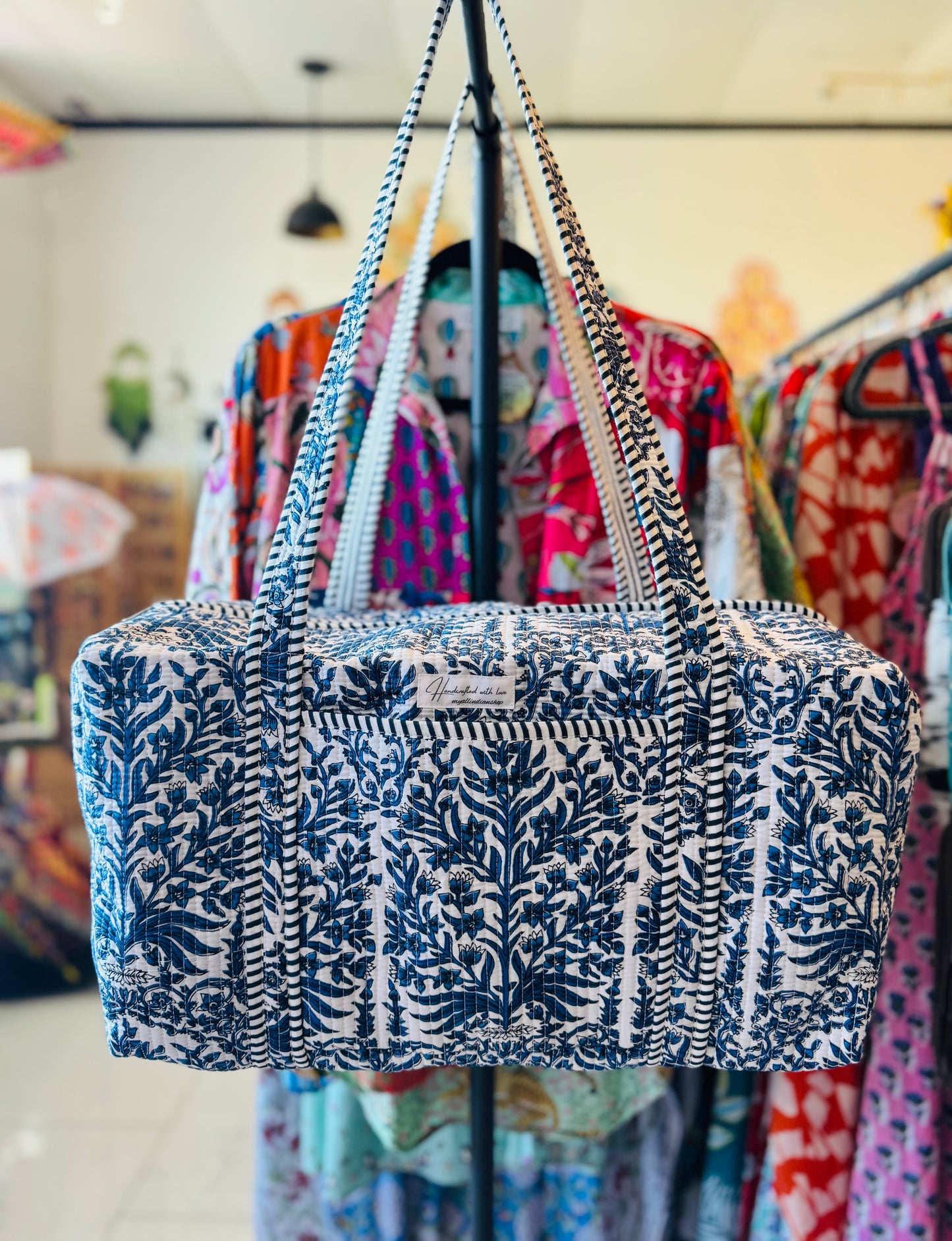 Handmade Quilted Weekender Bag – Travel Duffel - Blue Botanicals