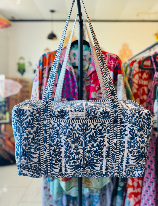 Handmade Quilted Weekender Bag – Travel Duffel - Blue Botanicals