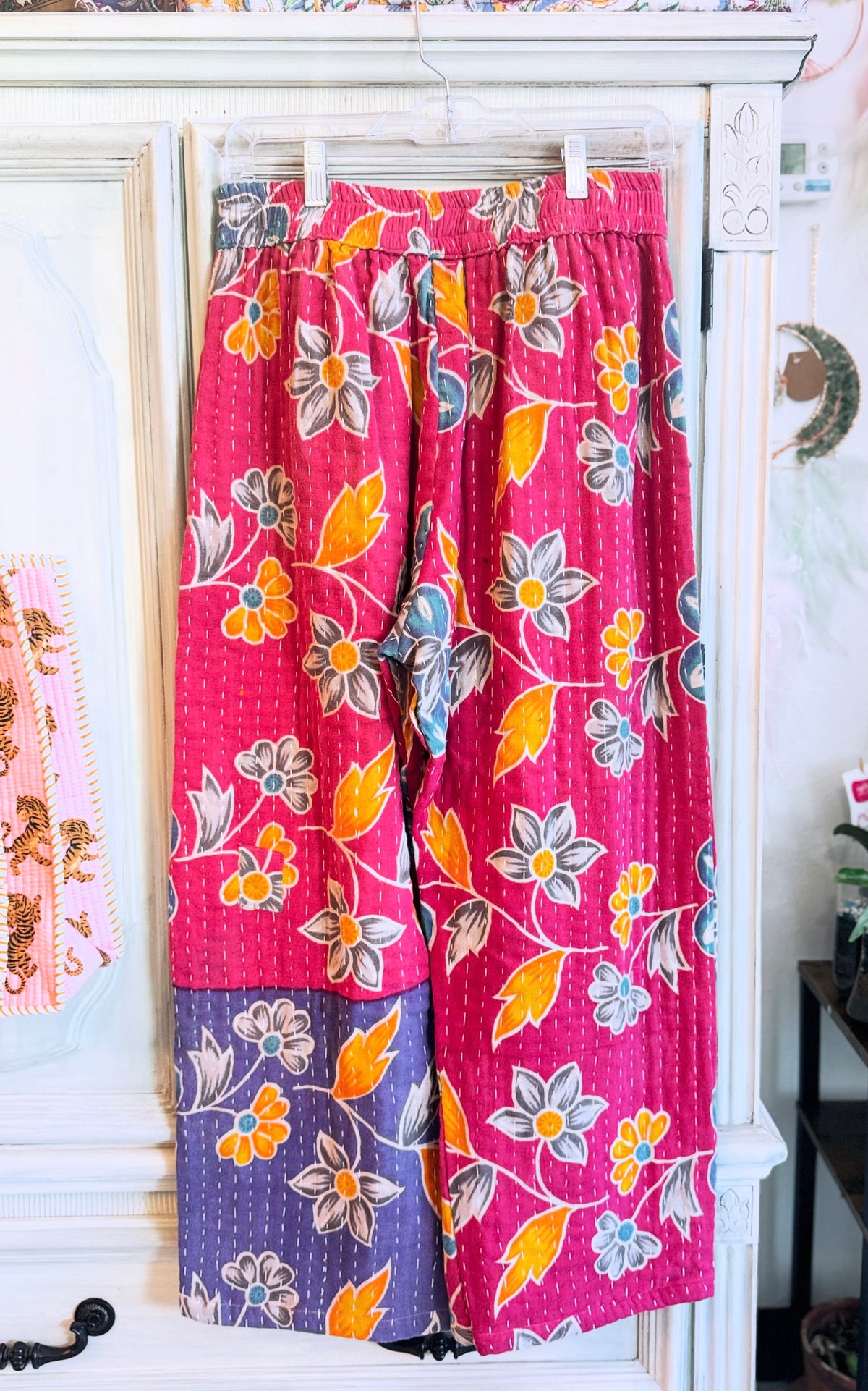 Dragonfruit Bloom – Handmade Kantha Cotton Pants | Color Block Boho Trousers | Pockets