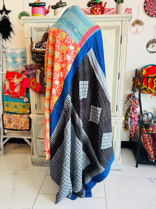 Blue and Black Saree Kantha Quilt – Twin Size - Throw Blanket