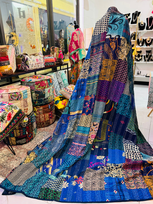 Silk Patchwork Kantha - Blue- Queen/ King